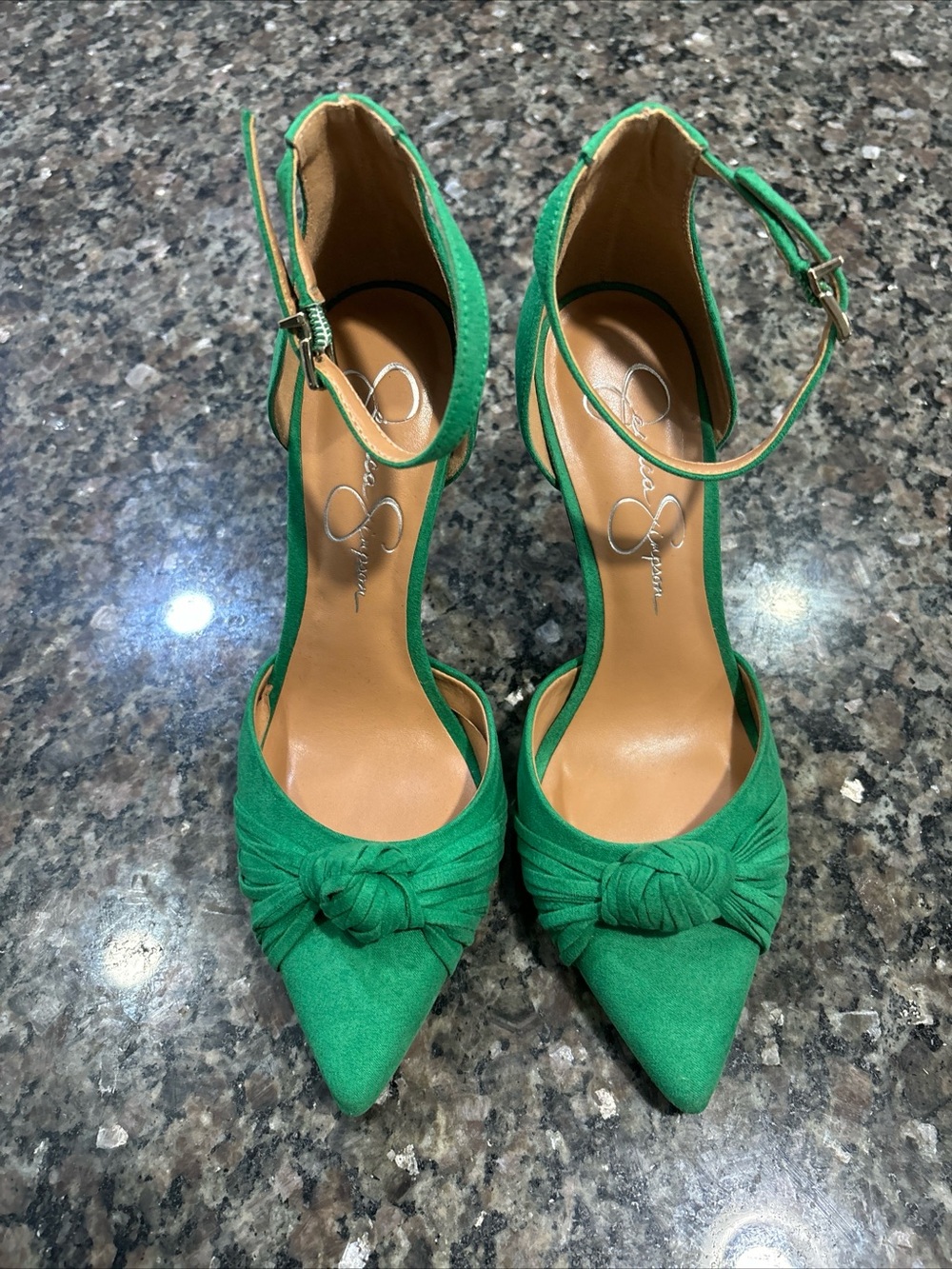 Jessica Simpson Emerald Green Pointed-Toe Knot Ankle-Strap Heels